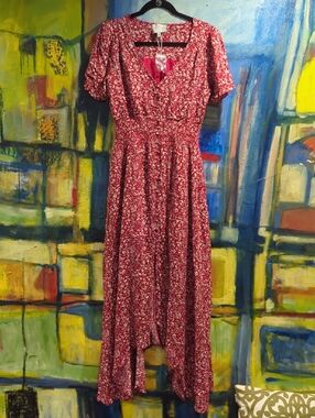 Hayden Los Angeles Red Floral Uneven Hem Split Dress Button Front Lined Size Sm